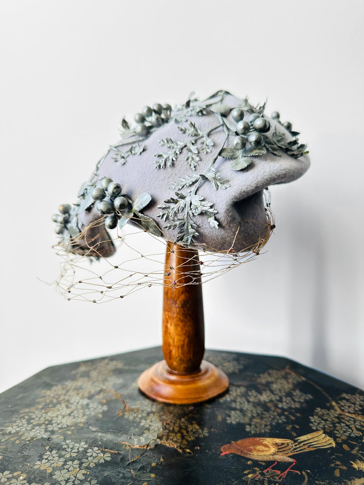 1950s Soft Grey Berry Embellished Felt HUDSON'S BAY CO Hat with Netting