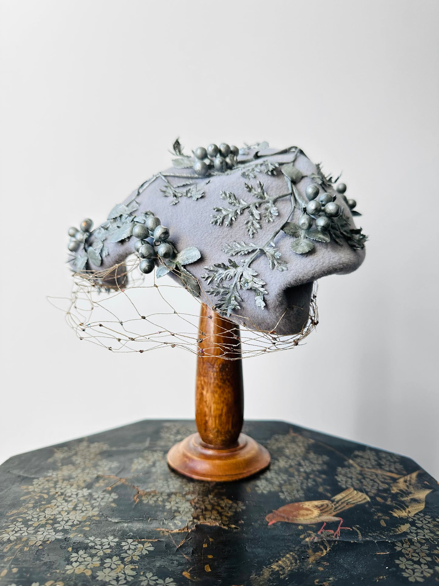 1950s Soft Grey Berry Embellished Felt HUDSON'S BAY CO Hat with Netting