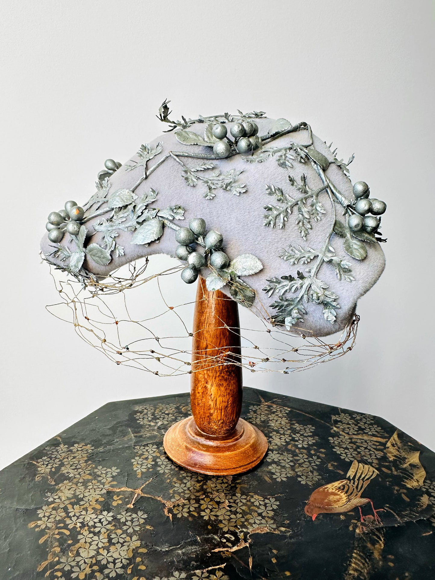 1950s Soft Grey Berry Embellished Felt HUDSON'S BAY CO Hat with Netting