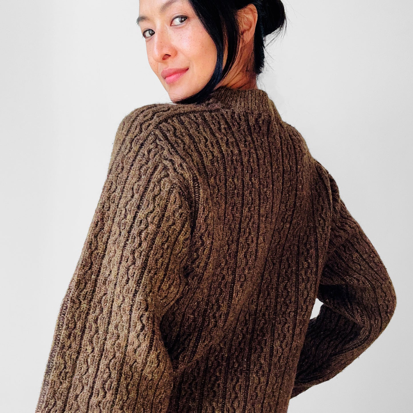 Whiskey Brown Wool Ribbed Crew Neck Chunky Crop Pullover Sweater - S/M