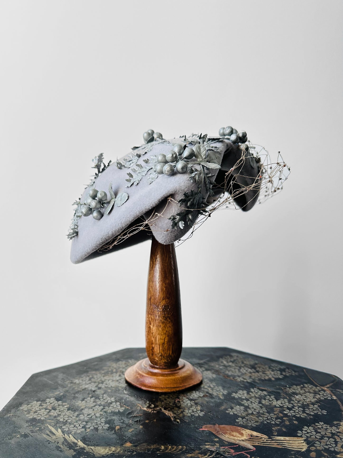 1950s Soft Grey Berry Embellished Felt HUDSON'S BAY CO Hat with Netting