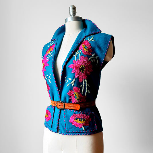 1970s Turquoise Floral Embroidered Wool Vest -  Sz. XXS / XS