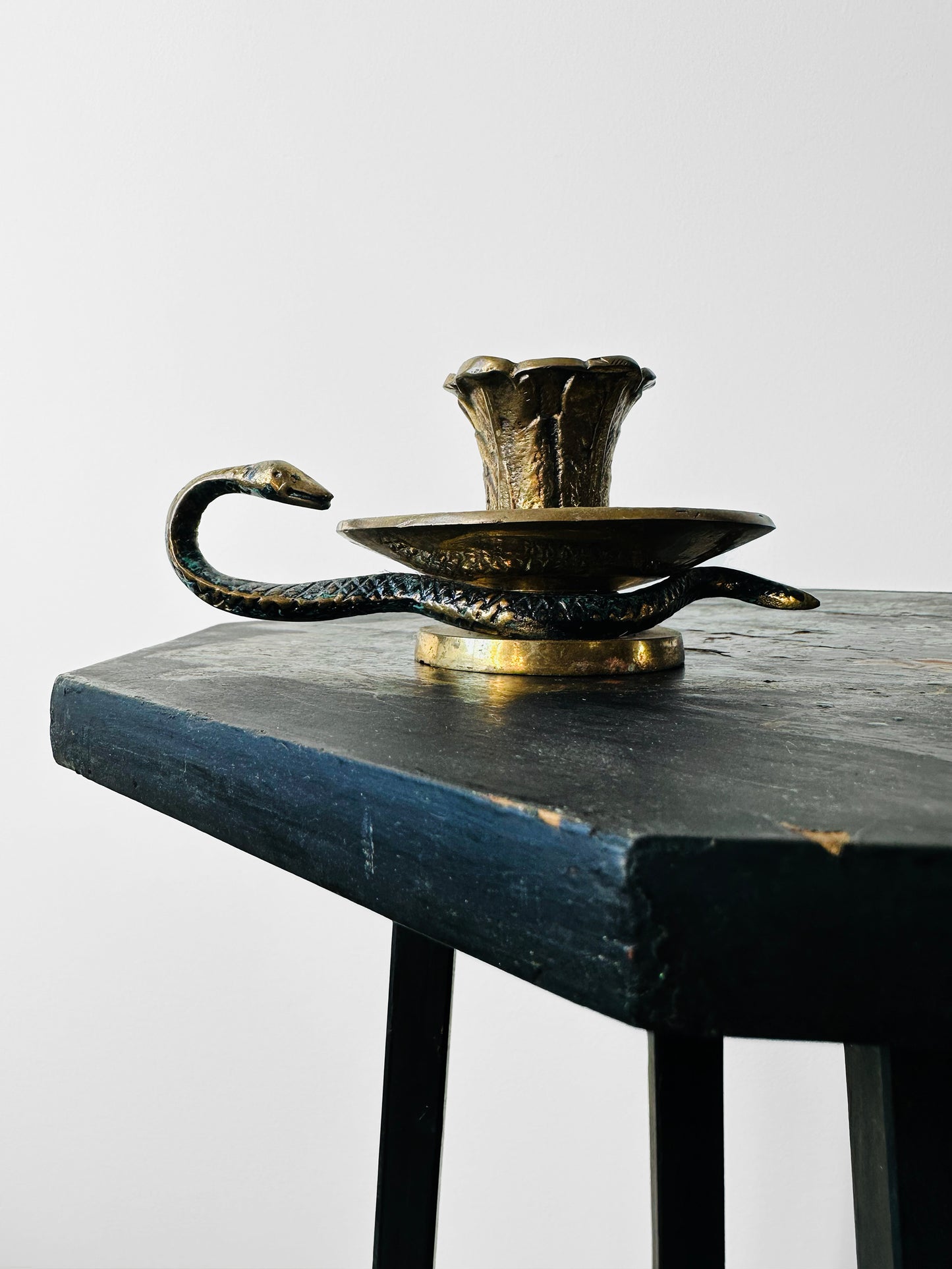 Antique Late 19th - Early 20th Century Brass Candlestick with Serpent Handle