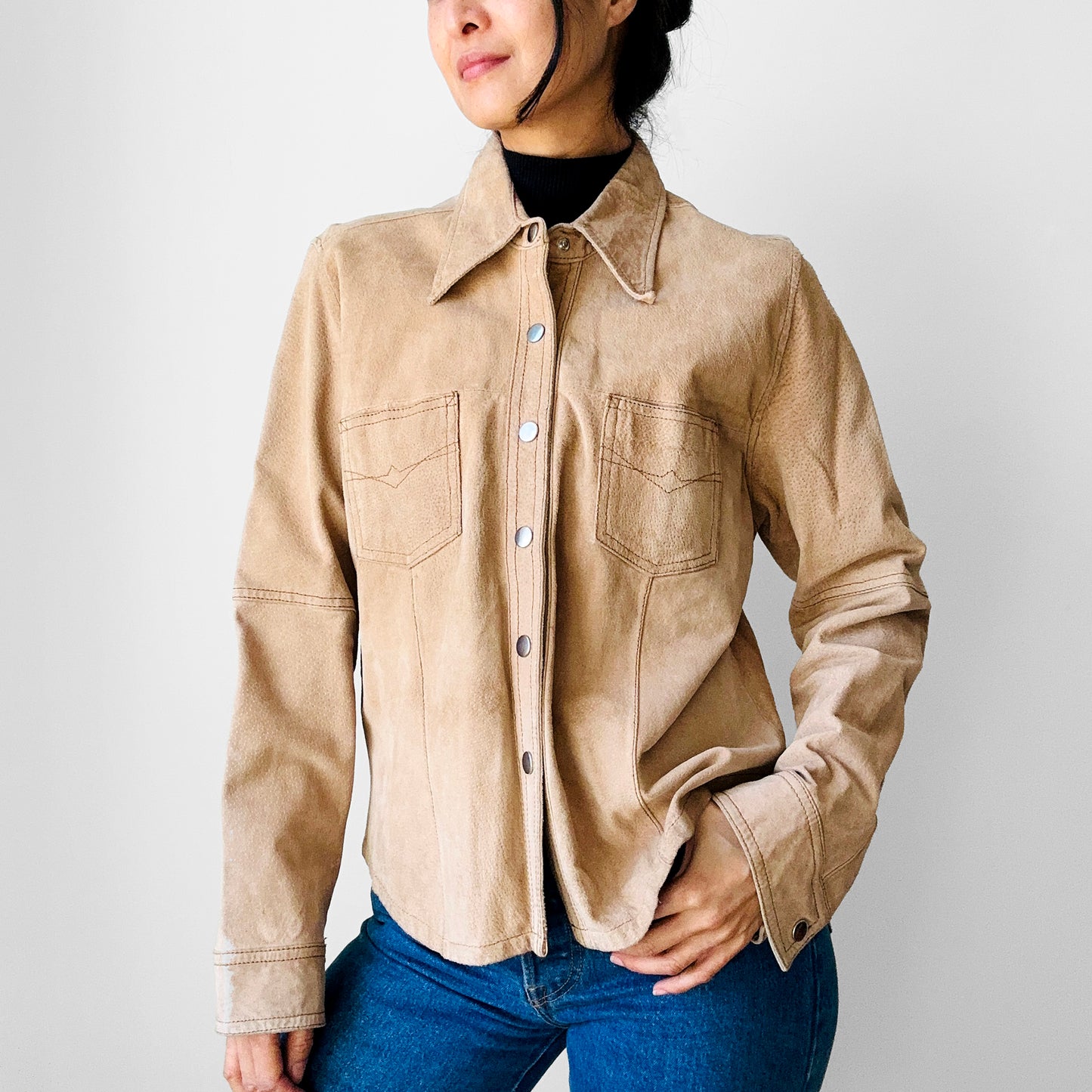 1990s Tan Suede Leather Snap Button Collared Shirt - Sz. Sm