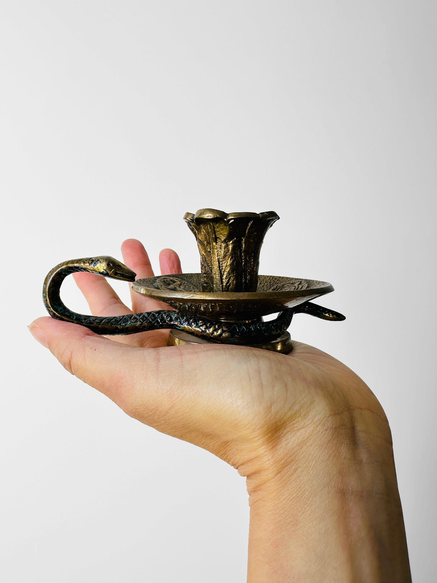 Antique Late 19th - Early 20th Century Brass Candlestick with Serpent Handle