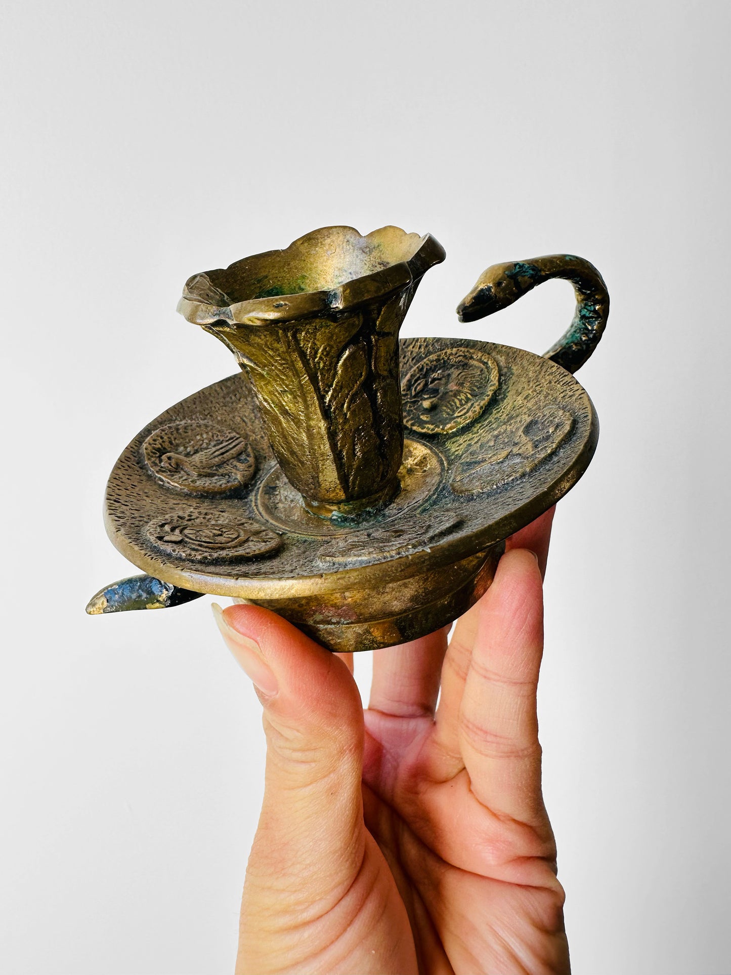 Antique Late 19th - Early 20th Century Brass Candlestick with Serpent Handle