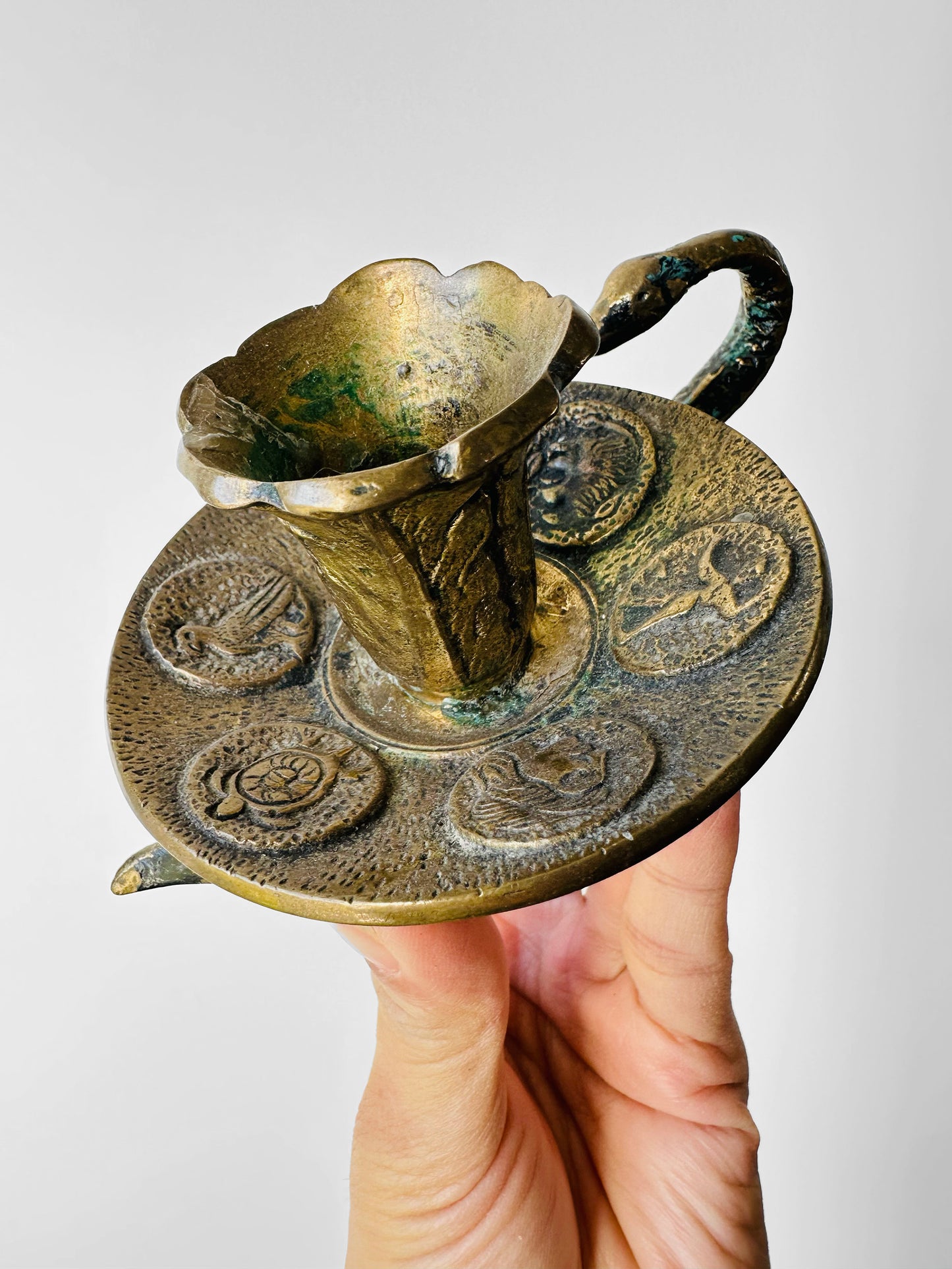 Antique Late 19th - Early 20th Century Brass Candlestick with Serpent Handle