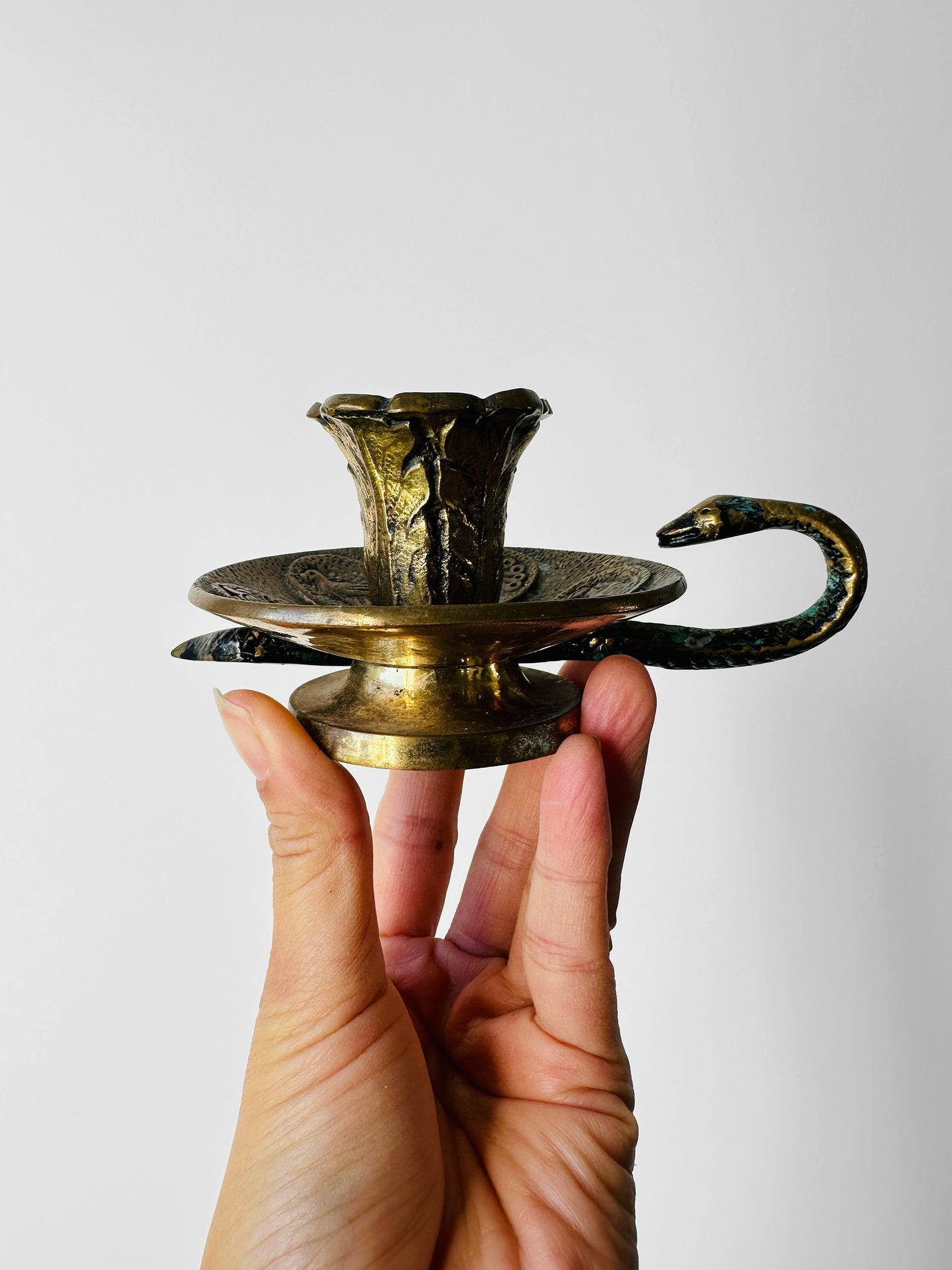 Antique Late 19th - Early 20th Century Brass Candlestick with Serpent Handle