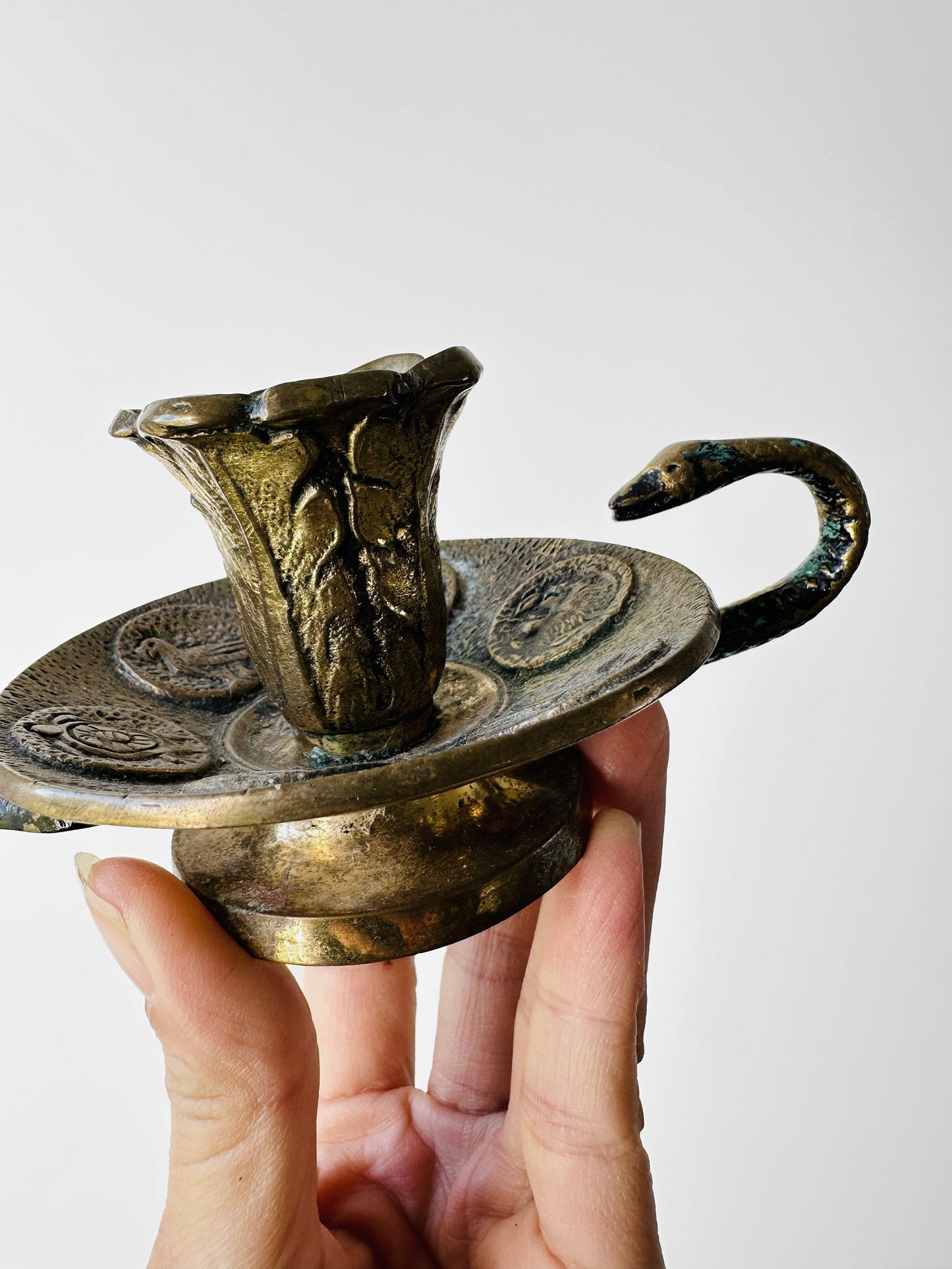 Antique Late 19th - Early 20th Century Brass Candlestick with Serpent Handle