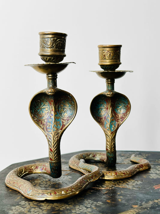 1960s Mid 20th Century Etched Hand-Painted Brass Cobra Candleholders Set