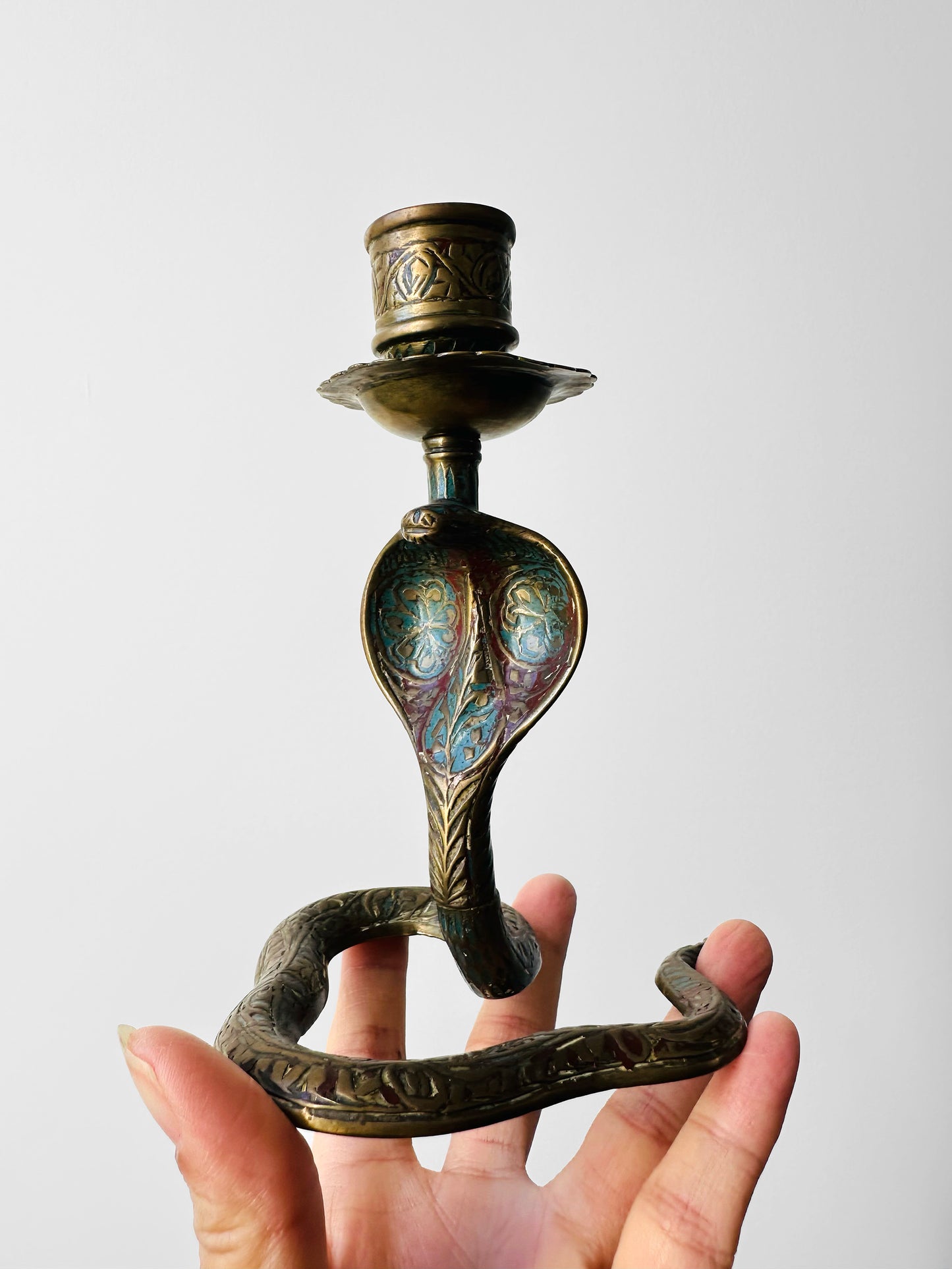 1960s Mid 20th Century Etched Hand-Painted Brass Cobra Candleholders Set