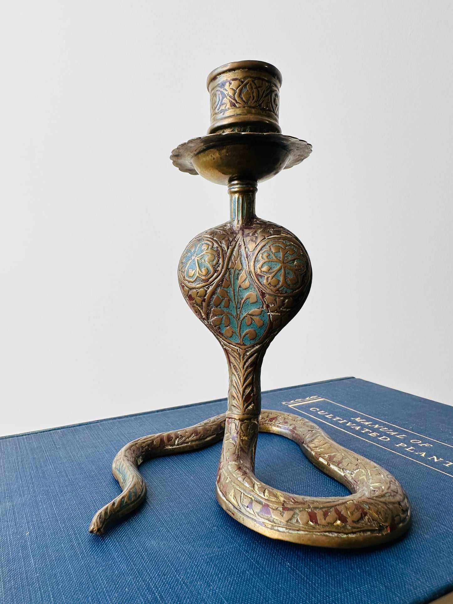 1960s Mid 20th Century Etched Hand-Painted Brass Cobra Candleholders Set