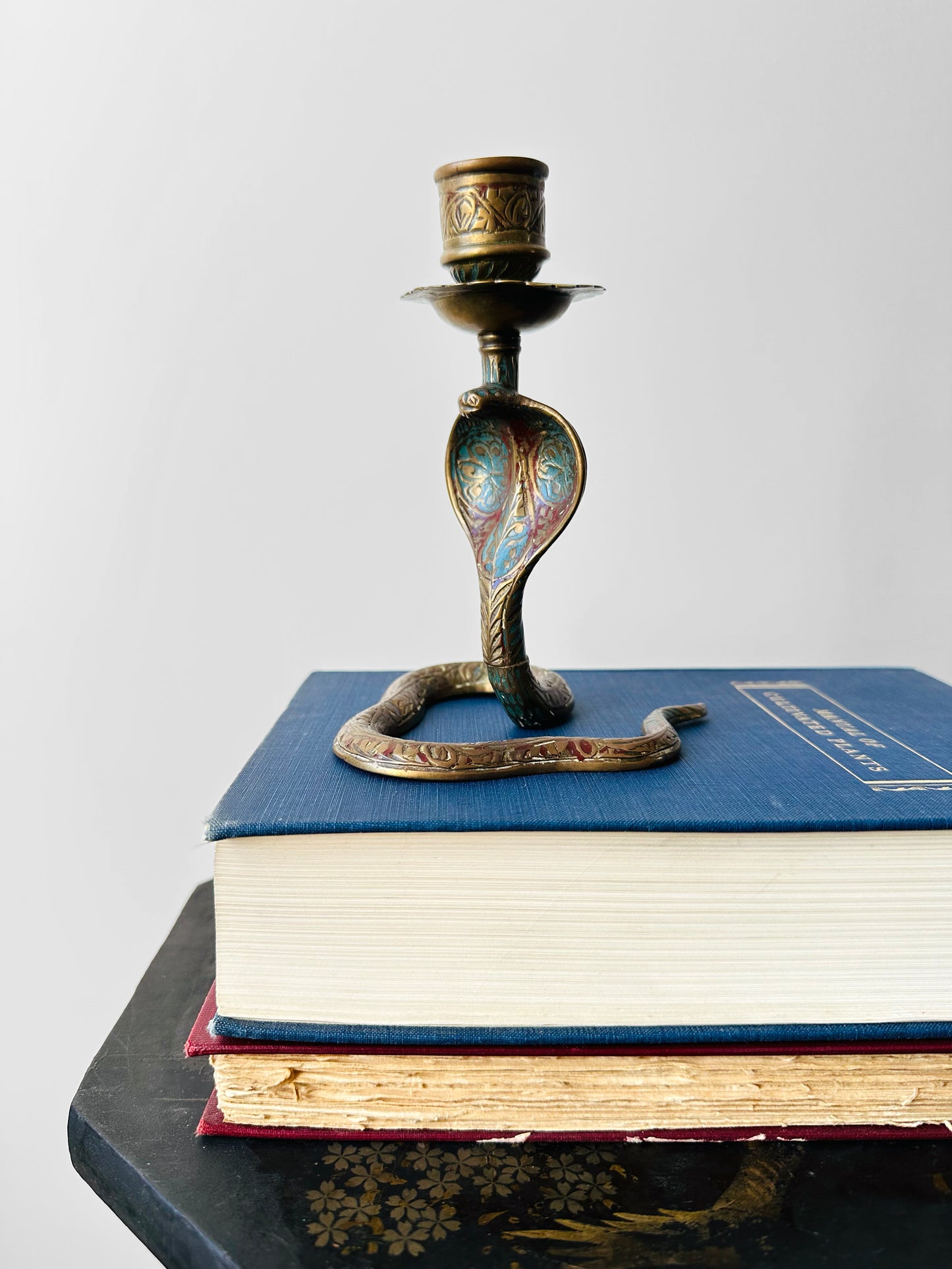 1960s Mid 20th Century Etched Hand-Painted Brass Cobra Candleholders Set
