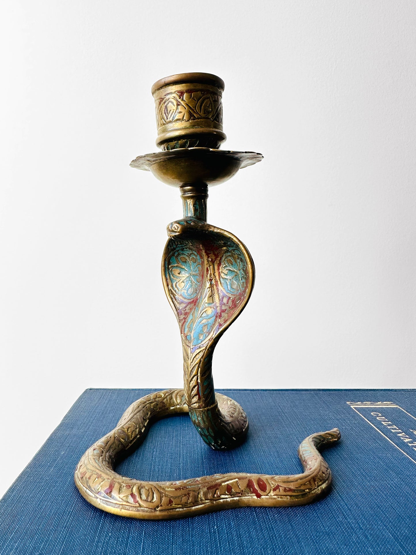 1960s Mid 20th Century Etched Hand-Painted Brass Cobra Candleholders Set