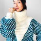 Teal and Cream Wool Turtleneck Patterned Oversized Knit Pullover Sweater