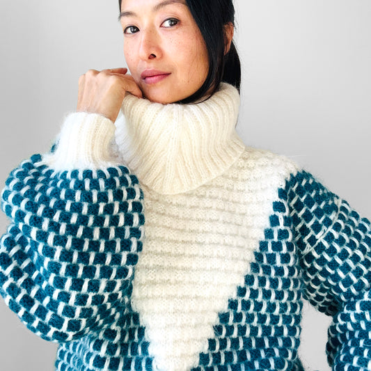 Teal and Cream Wool Turtleneck Patterned Oversized Knit Pullover Sweater