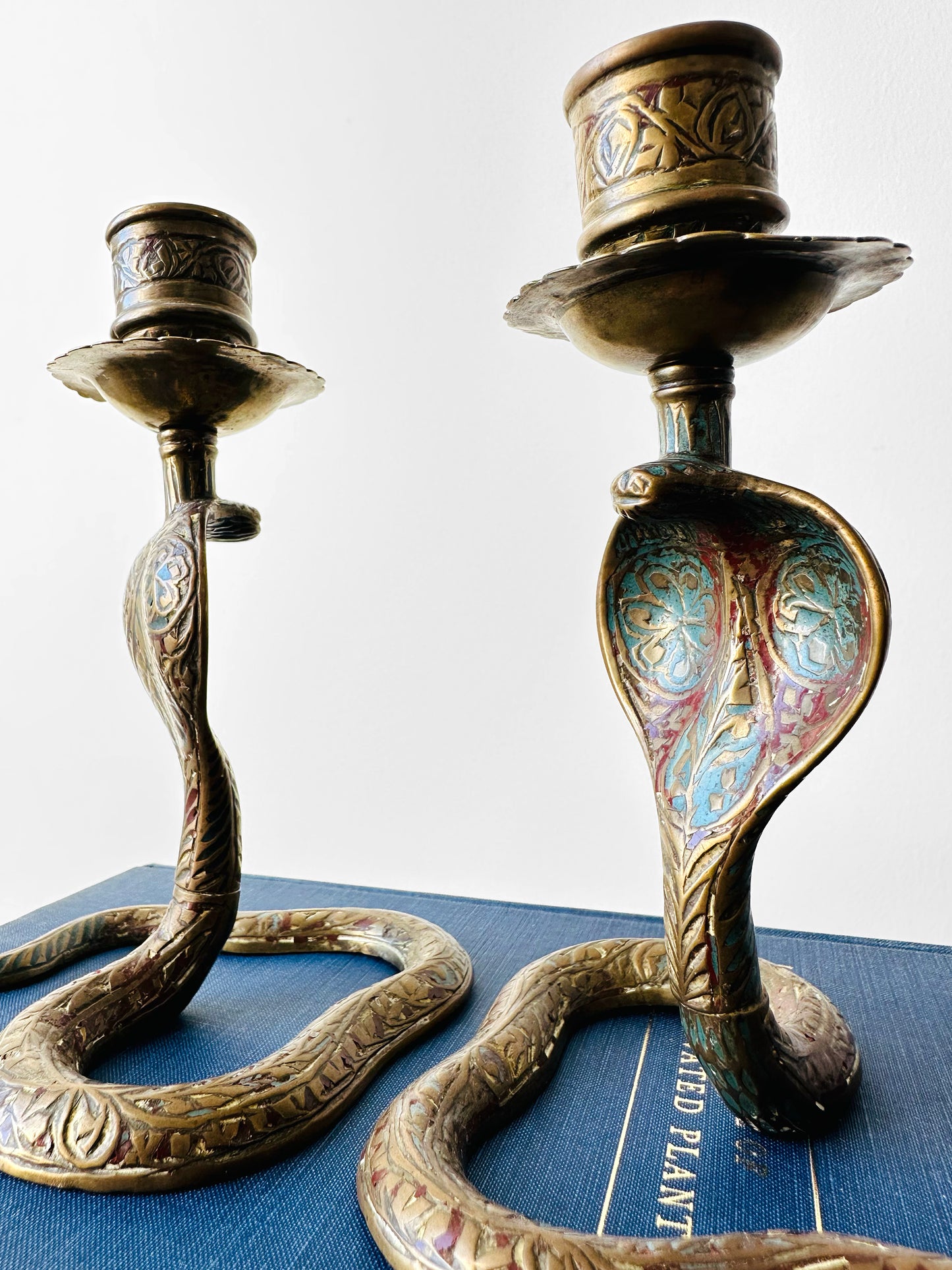 1960s Mid 20th Century Etched Hand-Painted Brass Cobra Candleholders Set
