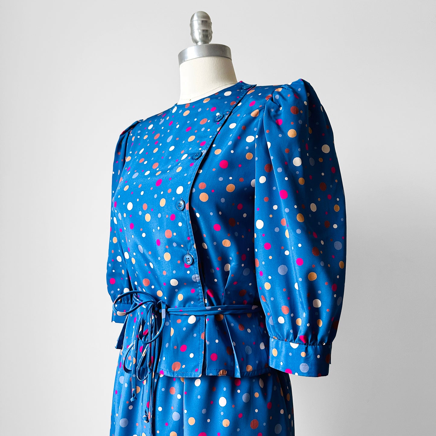 1970s - 1980s Blue Polka Dot Peplum Blouse and Skirt Set- Sz. XXS/XS