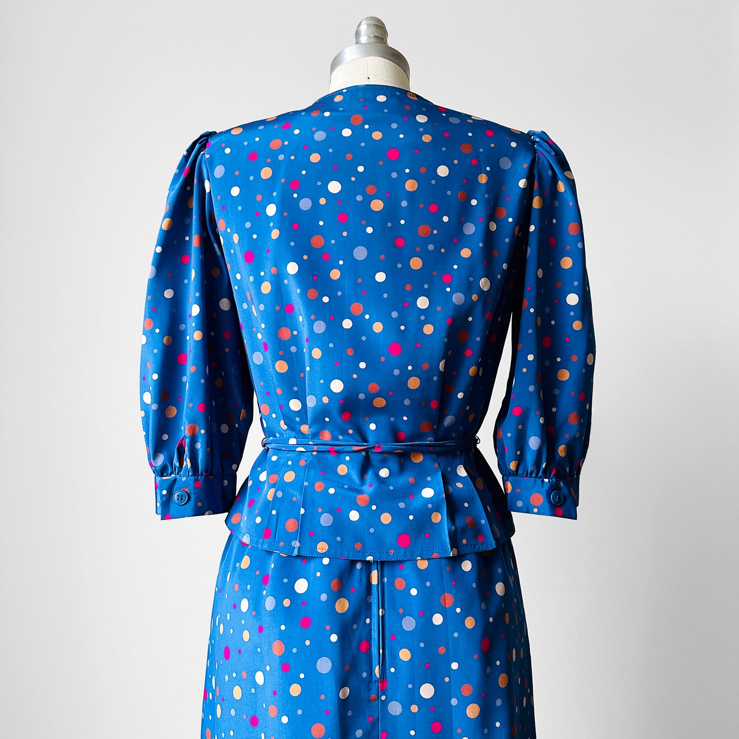 1970s - 1980s Blue Polka Dot Peplum Blouse and Skirt Set- Sz. XXS/XS