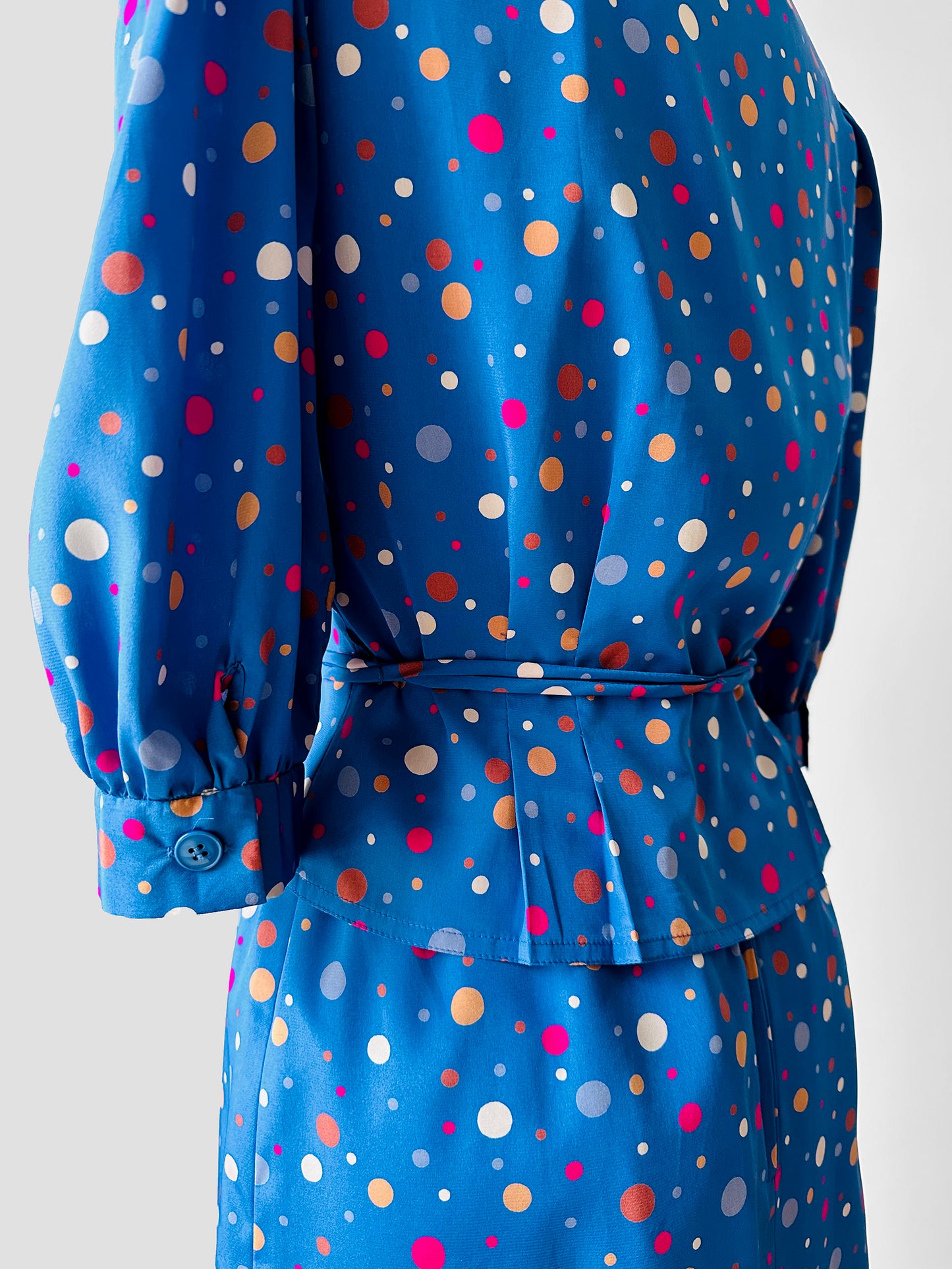 1970s - 1980s Blue Polka Dot Peplum Blouse and Skirt Set- Sz. XXS/XS