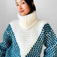 Teal and Cream Wool Turtleneck Patterned Oversized Knit Pullover Sweater