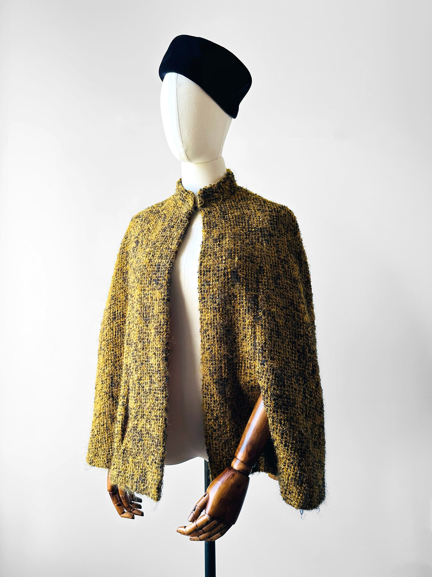 1960s - 1970s Yellow and Black High Collar Open Front Tweed Cape