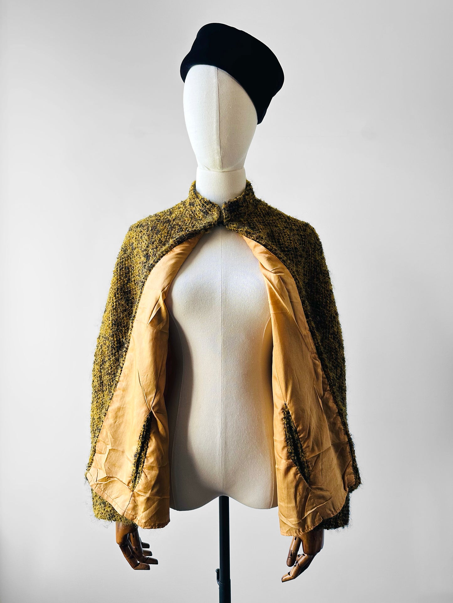 1960s - 1970s Yellow and Black High Collar Open Front Tweed Cape