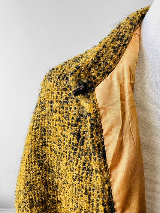 1960s - 1970s Yellow and Black High Collar Open Front Tweed Cape