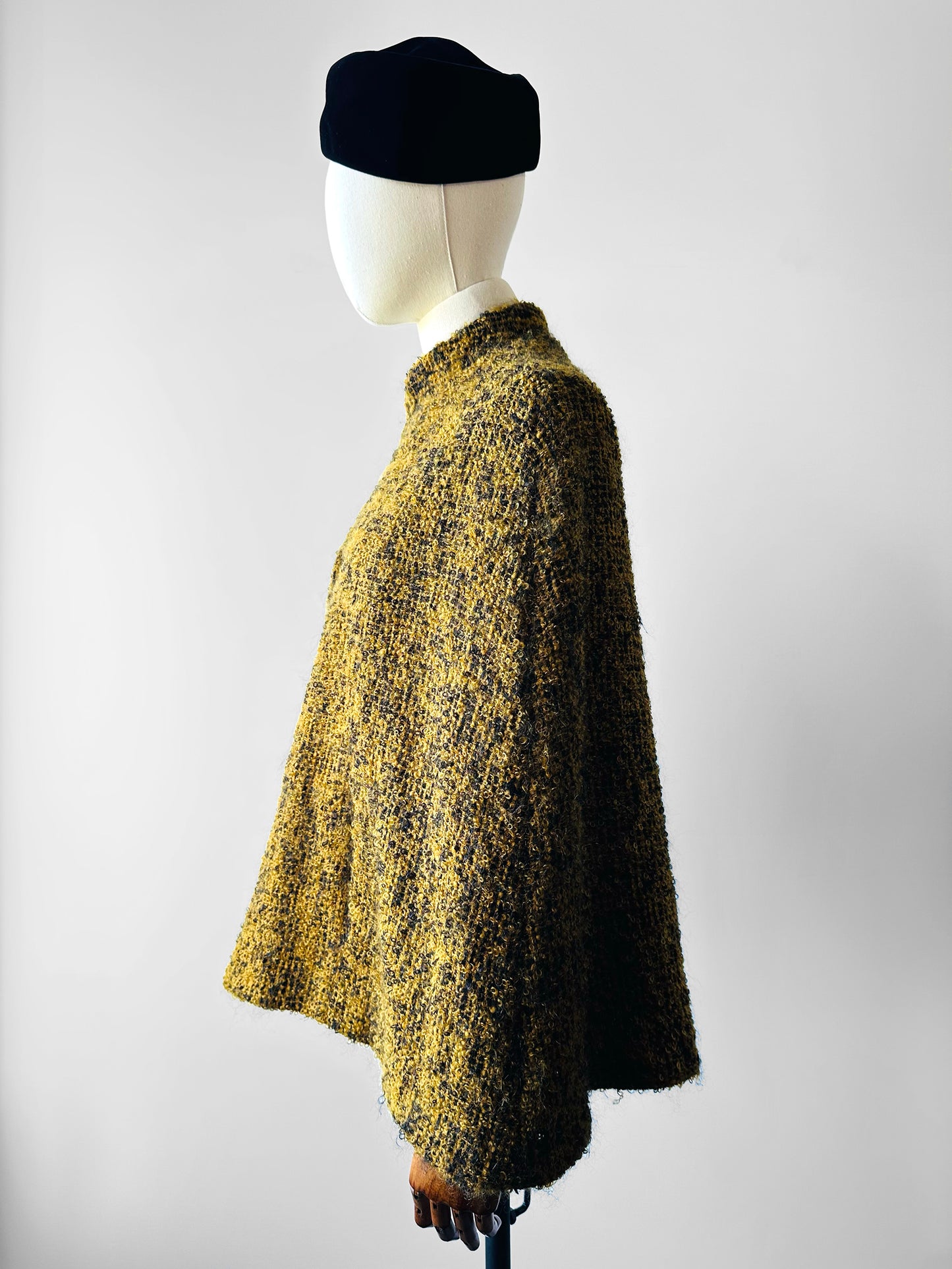 1960s - 1970s Yellow and Black High Collar Open Front Tweed Cape