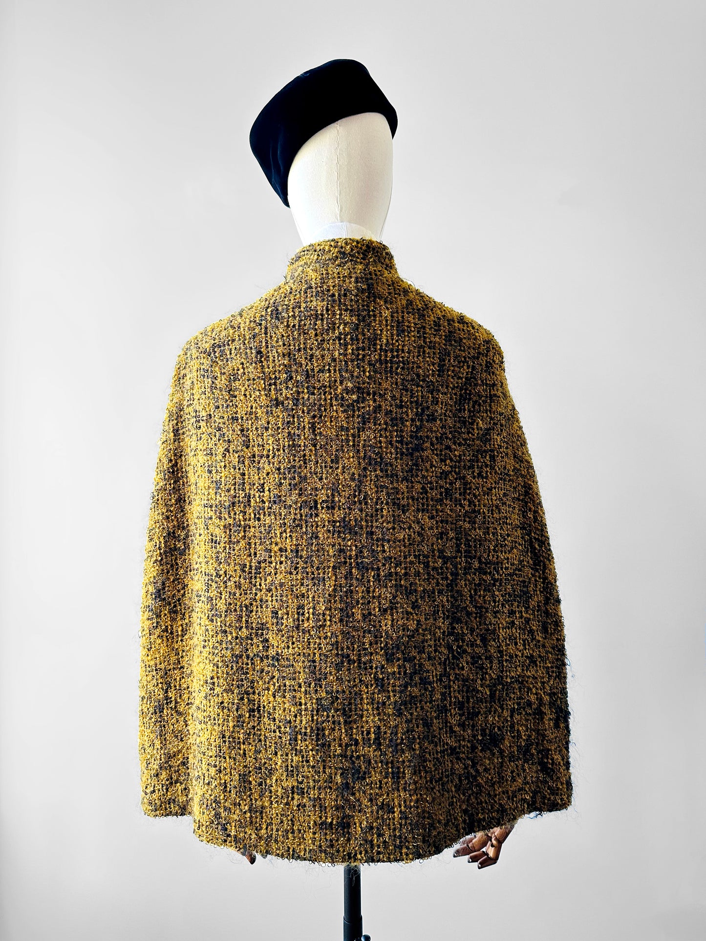 1960s - 1970s Yellow and Black High Collar Open Front Tweed Cape