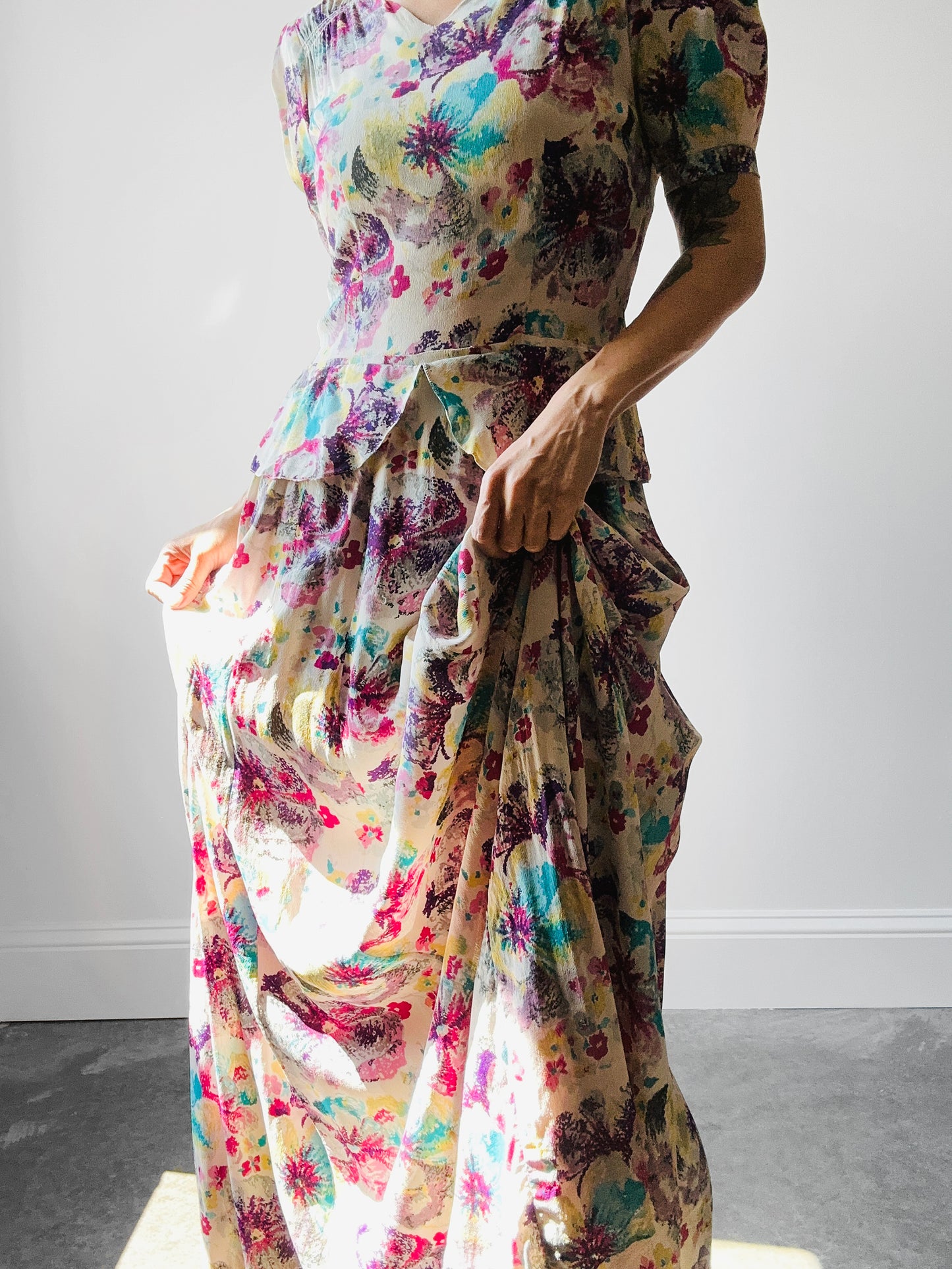 1930s Floor Length Floral Peplum Waist Dress - Sz. Sm