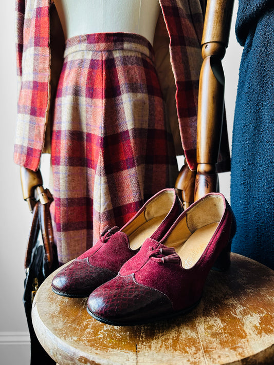 1970s - 1980s Wine Red Patent Leather and Suede Tassel Slip On Heeled Loafers