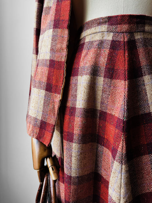 1960s - 1970s Red Plaid Wool Skirt and Jacket Set - Sz. XS/S