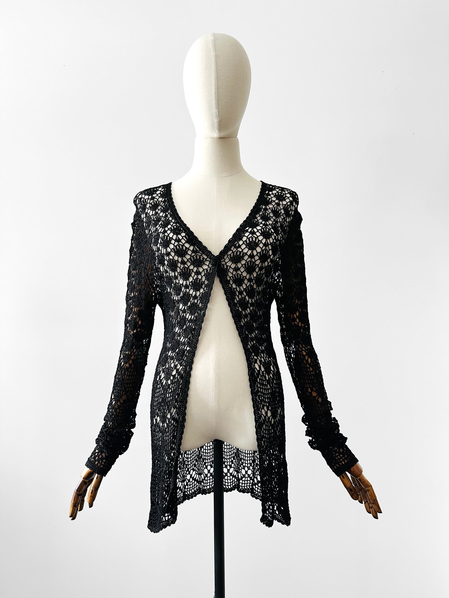 Vintage 1970s - 2000s Late 20th Century Black Netted Crochet Long Sleeve Cardigan Top - Sz. S