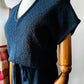 1980s Navy Blue Textured Tied Waist Knit Dress - Sz. Small