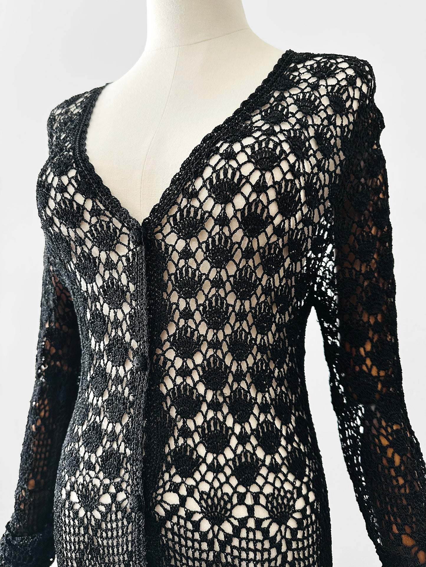 Vintage 1970s - 2000s Late 20th Century Black Netted Crochet Long Sleeve Cardigan Top - Sz. S