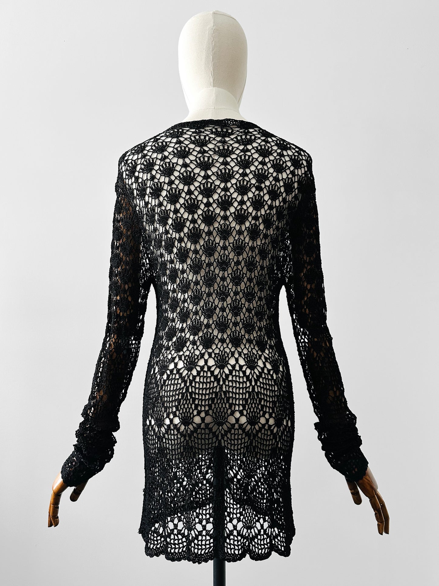 Vintage 1970s - 2000s Late 20th Century Black Netted Crochet Long Sleeve Cardigan Top - Sz. S