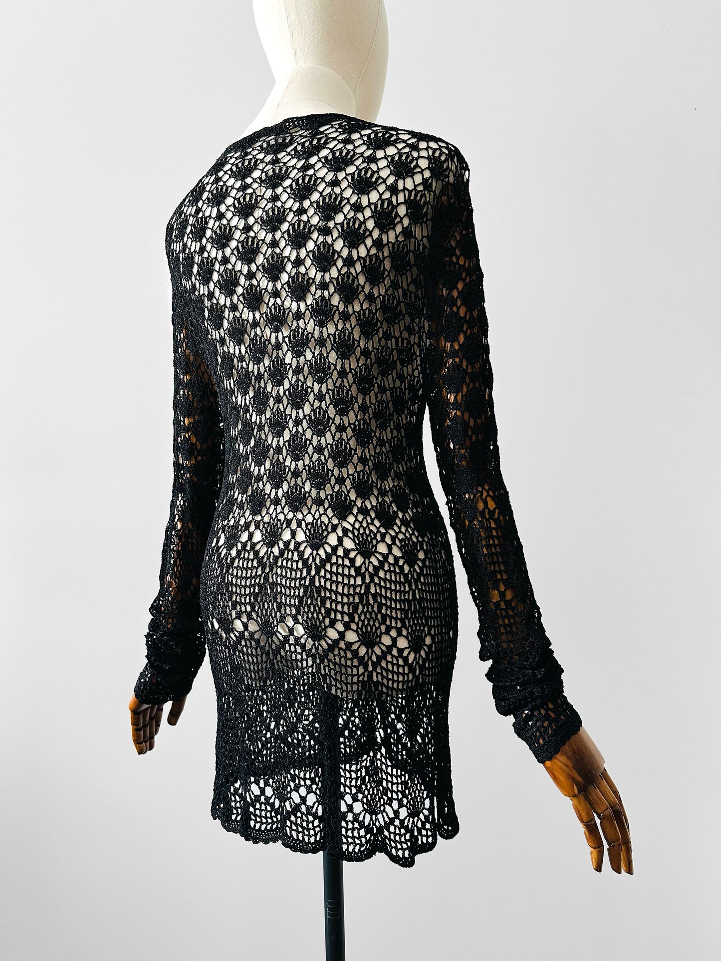 Vintage 1970s - 2000s Late 20th Century Black Netted Crochet Long Sleeve Cardigan Top - Sz. S