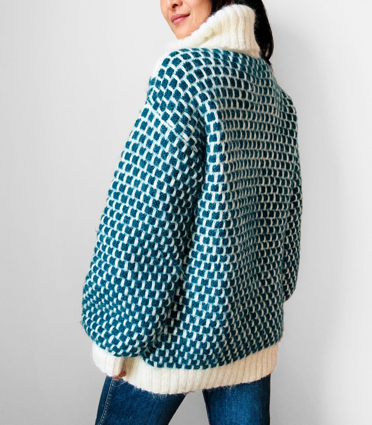 Teal and Cream Wool Turtleneck Patterned Oversized Knit Pullover Sweater