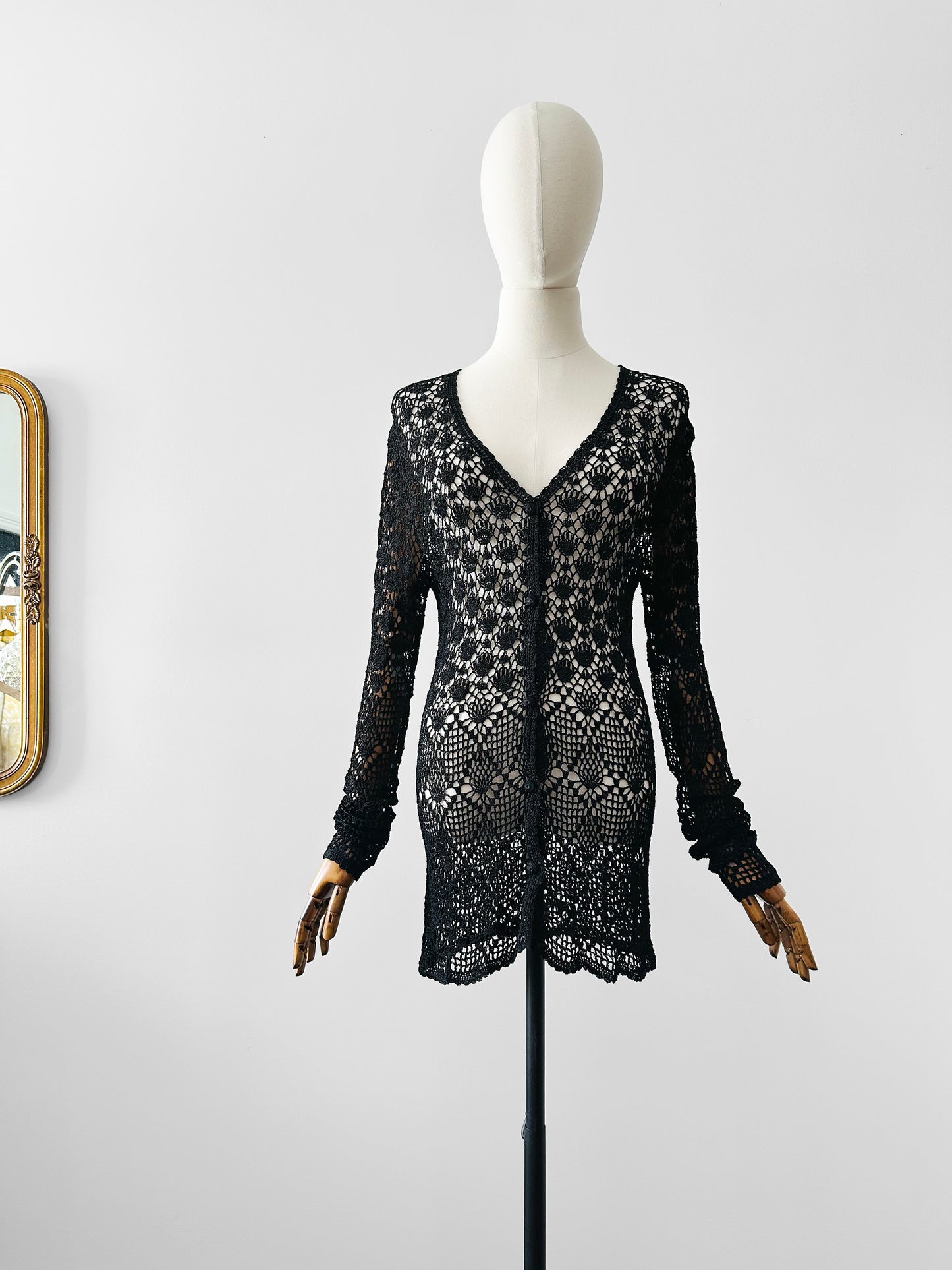 Vintage 1970s - 2000s Late 20th Century Black Netted Crochet Long Sleeve Cardigan Top - Sz. S