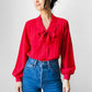 1970s - 1980s Red Pleated Chest Tied Neck Blouse - Sz. S