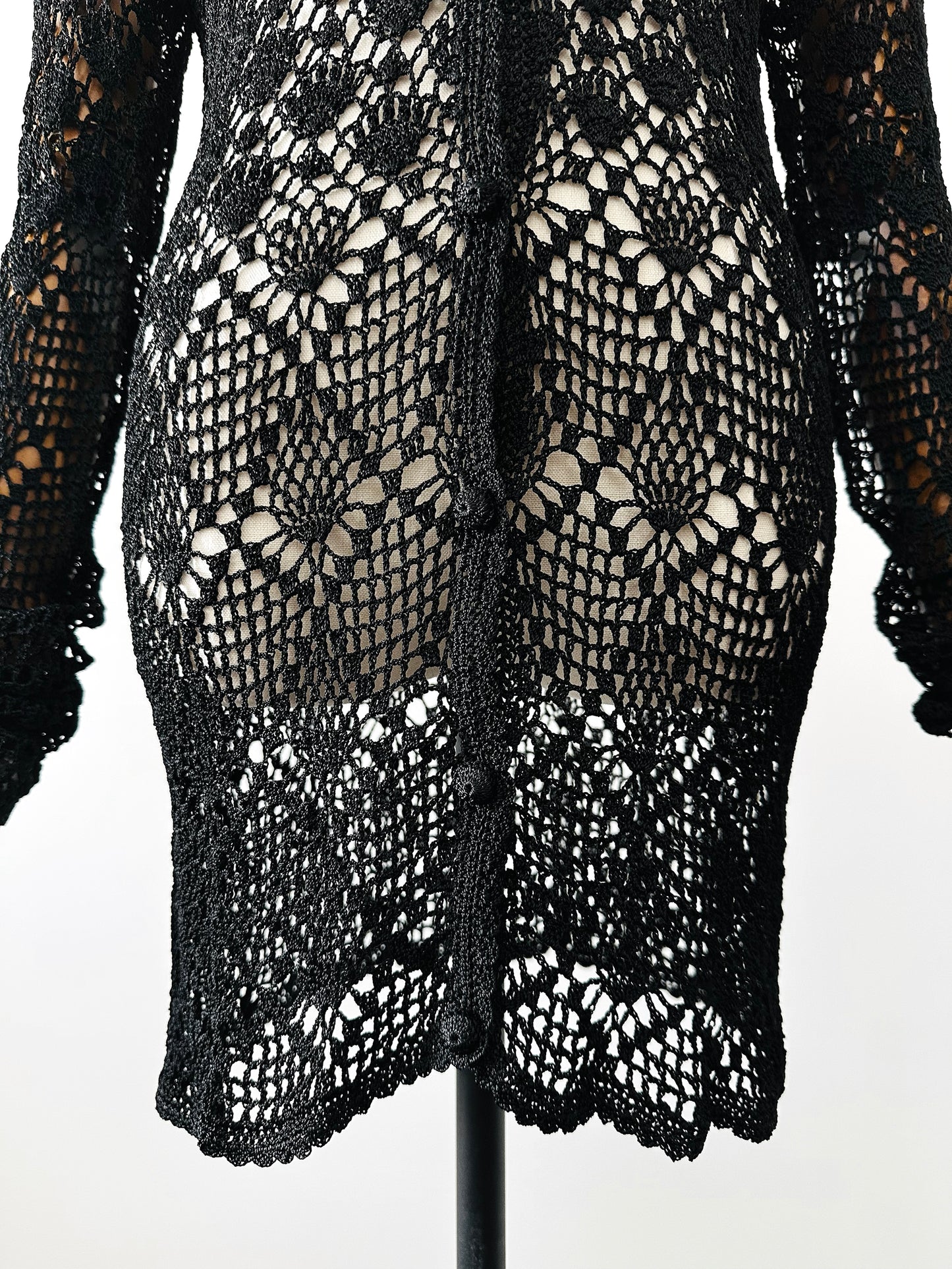 Vintage 1970s - 2000s Late 20th Century Black Netted Crochet Long Sleeve Cardigan Top - Sz. S