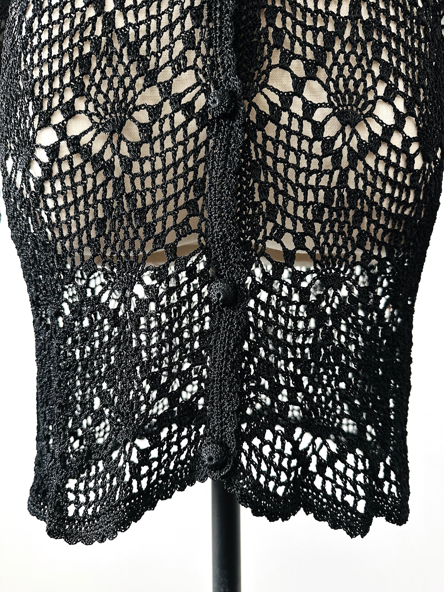 Vintage 1970s - 2000s Late 20th Century Black Netted Crochet Long Sleeve Cardigan Top - Sz. S