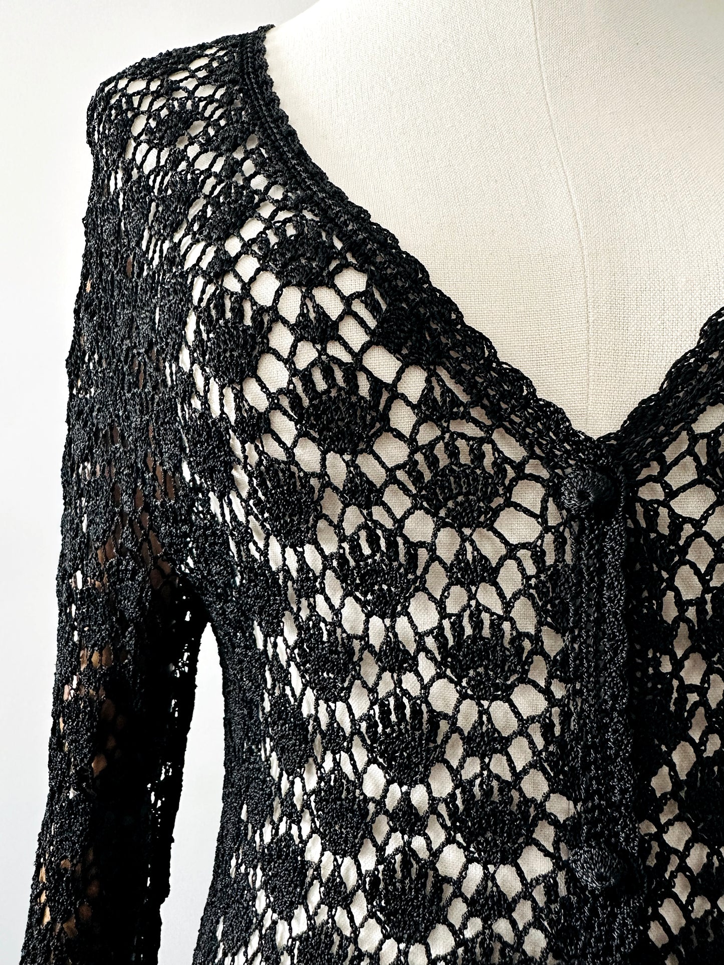 Vintage 1970s - 2000s Late 20th Century Black Netted Crochet Long Sleeve Cardigan Top - Sz. S