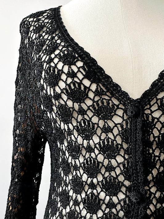 Vintage 1970s - 2000s Late 20th Century Black Netted Crochet Long Sleeve Cardigan Top - Sz. S