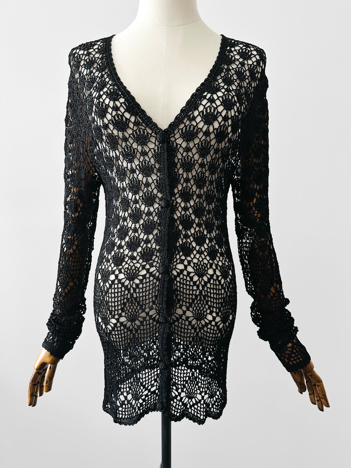 Vintage 1970s - 2000s Late 20th Century Black Netted Crochet Long Sleeve Cardigan Top - Sz. S