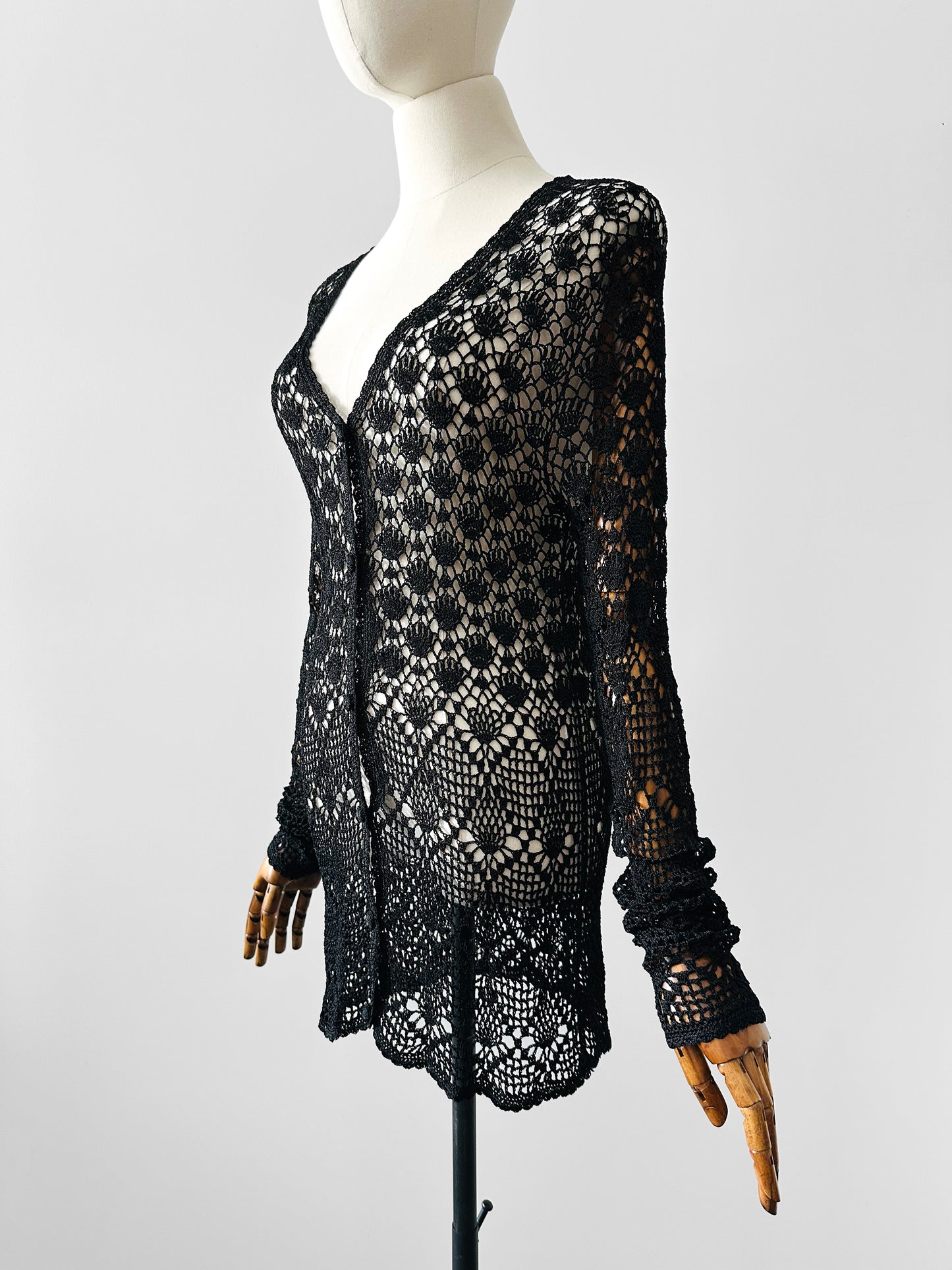 Vintage 1970s - 2000s Late 20th Century Black Netted Crochet Long Sleeve Cardigan Top - Sz. S