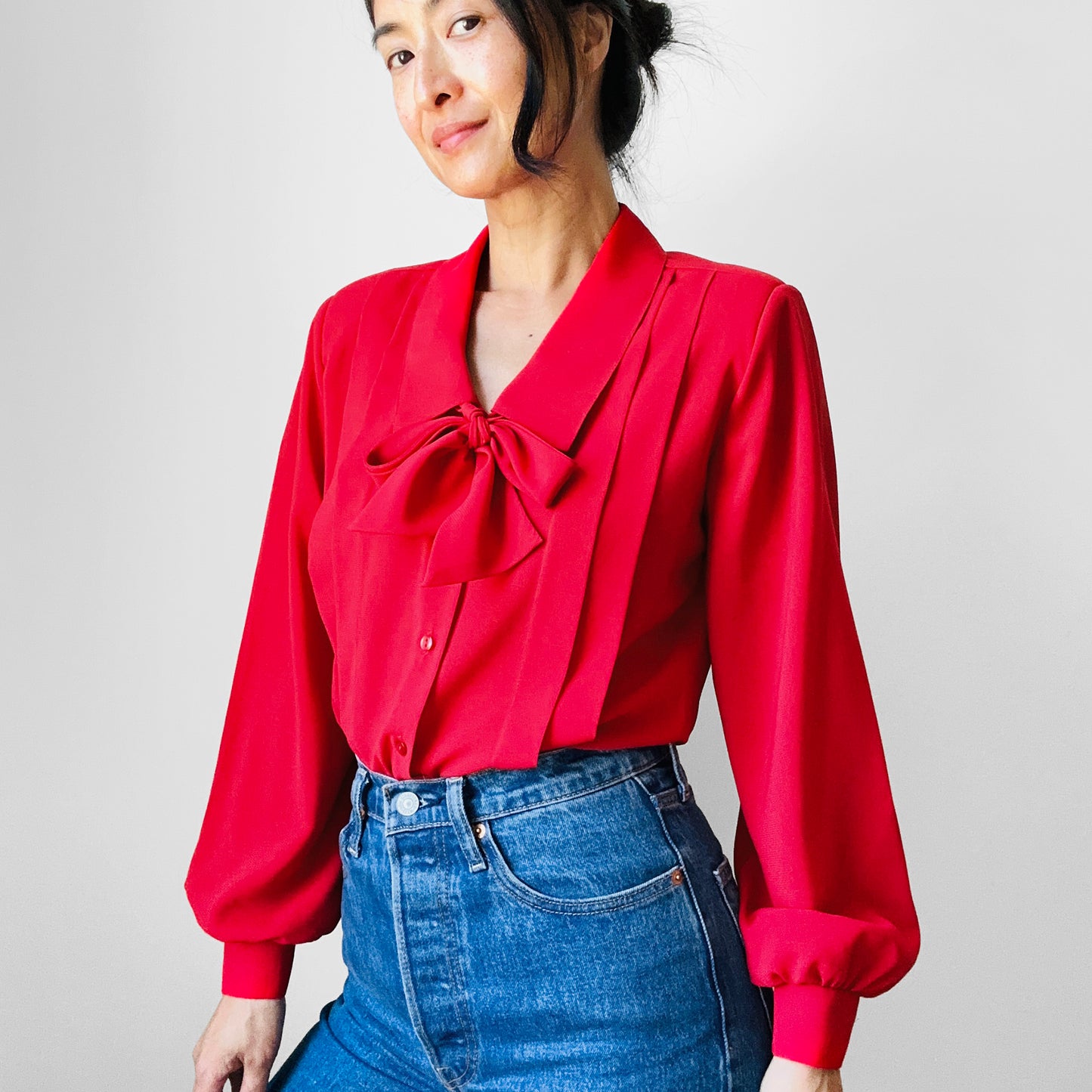 1970s - 1980s Red Pleated Chest Tied Neck Blouse - Sz. S