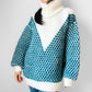 Teal and Cream Wool Turtleneck Patterned Oversized Knit Pullover Sweater