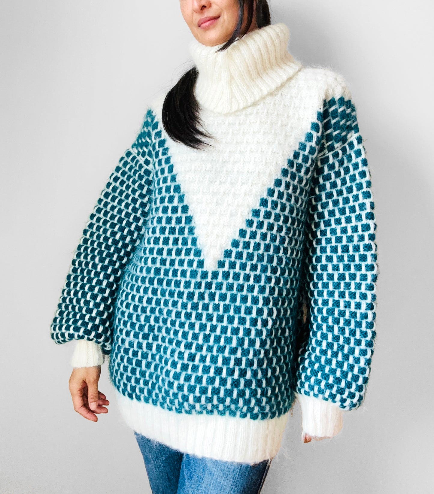 Teal and Cream Wool Turtleneck Patterned Oversized Knit Pullover Sweater